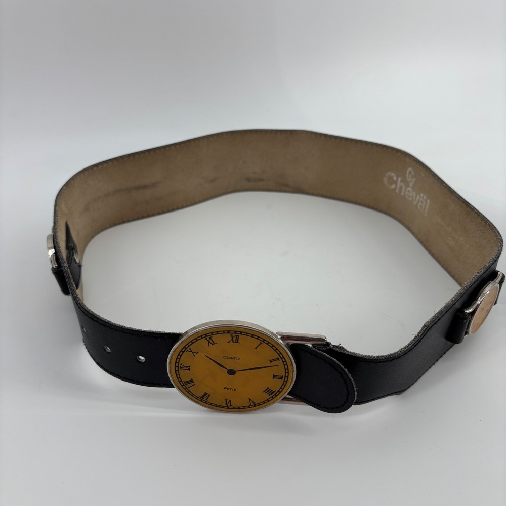 Cheval Watch Face Waist Belt Womens Small Black Leather Vintage Roman Numeral